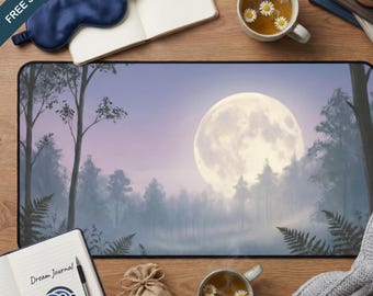 Tapis de bureau pleine lune mystique, art nocturne forêt brumeuse, tapis de souris ciel lavande serein, déco de bureau apaisante, tapis esthétique XL Lofi rêveur
