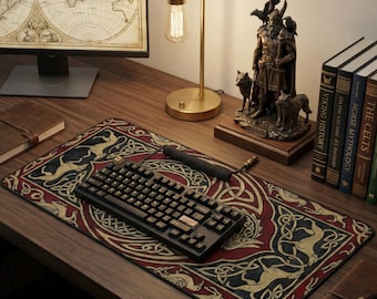 Tapis de bureau dragon celtique, tapis de souris étendu entrelacs médiéval, déco de bureau gothique or rouge, accessoire de bureau de jeu fantastique