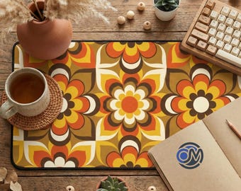 Tapis de bureau floral rétro des années 70, motif géométrique orange moutarde, décoration de bureau vintage des années 1970, tapis de souris XL bohème confortable, cadeau groovy