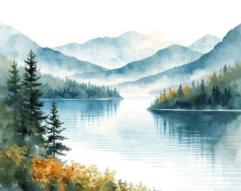 Watercolor Mountain Lake Clip Art, Pine Forest Landscape (Digital Download)