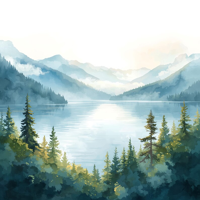 Watercolor Mountain Lake Clip Art, Pine Forest Landscape (digital ...
