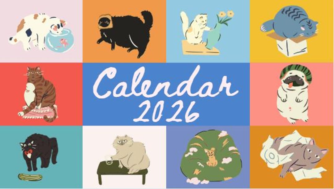 2026 Monthly Illustrated Cats Calendar Printable, Editable Monthly ...