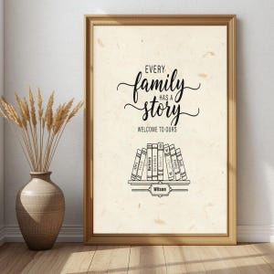 May include: A framed print with the text "Every family has a story, welcome to ours." The print features a bookshelf illustration with family names and the family name "Wilson" below. The frame is a warm, light brown color.