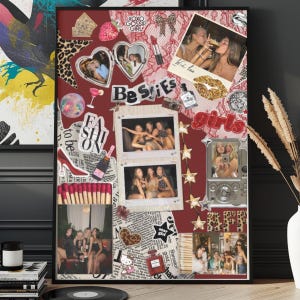 May include: A framed collage featuring photos of friends, lipstick, and the words "Besties" and "Girls." The background is a deep red with various decorative elements, including hearts, stars, and leopard print accents. The overall theme is friendship and fashion.