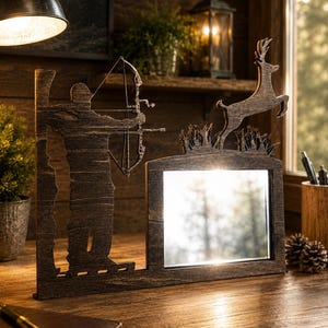 Könnte beinhalten: Ein dunkelbrauner, dekorativer Holzrahmen mit der Silhouette einer Person, die mit einem Compoundbogen auf einen springenden Hirsch zielt. Das Design enthält einen rechteckigen Spiegeleinsatz unter dem Hirsch sowie filigrane Ausschnitte von Gras und Bäumen.