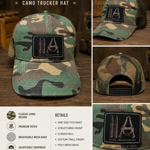 May include: A camouflage trucker hat with a black rectangular patch on the front featuring two bullets and two rifles arranged in an A-shape with the text 1776 and DON'T TREAD ON ME. The hat has a curved bill, a structured front, and a mesh back.