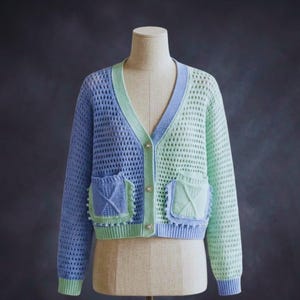 Vintage Patchwork Cardigan, Contrast Color Hollow Knit Sweater, V-Neck Long Sleeve