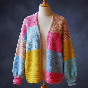 May include: A vibrant, open-front cardigan sweater on a mannequin. The sweater has a striped pattern with blocks of pink, light blue, yellow, and peach. The sleeves are long and the knitwear appears soft and chunky.