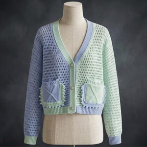 Cárdigan vintage de patchwork, suéter de punto hueco de color contrastante, manga larga con cuello en V