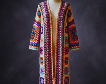 Cardigan floral au crochet fait main, tricot à carreaux rétro