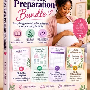 Könnte beinhalten: Das Complete Birth Preparation Bundle von Esther Fabowale ist ein digitaler Leitfaden mit Geburtsplan-Vorlage, Krankenhaustaschen-Checkliste, Wehen-Tracker und Geburtsaffirmationen. Es umfasst insgesamt 7 Seiten im A4-Format zum Ausdrucken.