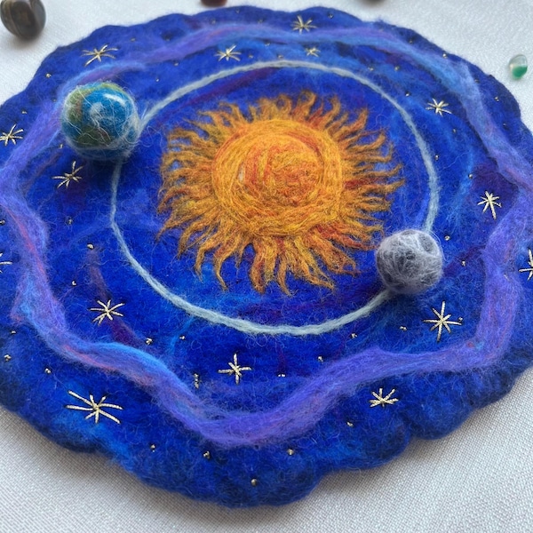Handmade Felt Play Mat | Sun, Earth, Moon Solar System | Waldorf Space Toy