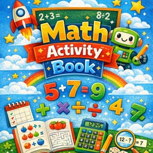 Puede incluir: Ilustración colorida de un "Math Activity Book" con un cohete, un robot y un arcoíris. El libro presenta problemas de matemáticas, una calculadora, un calendario y una lupa con dados. El texto incluye ecuaciones y números.
