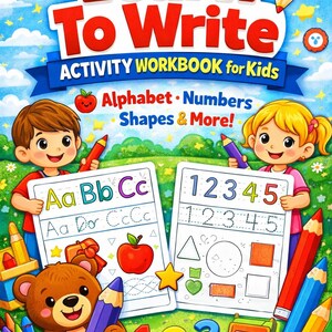 Puede incluir: Un colorido cuaderno de actividades para niños titulado "Learn To Write". La portada presenta ilustraciones de niños, lápices y un oso de peluche. El cuaderno incluye actividades de alfabeto, números, formas y trazado. El texto dice "80 FUN PAGES TO TRACE & COLOR!"