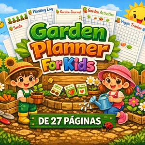 Puede incluir: Ilustración colorida de un "Garden Planner For Kids". La imagen presenta a niños jardinería, con un niño sosteniendo una planta en maceta y una niña regando plantas. La imagen incluye hojas de trabajo con temas de jardín y el texto "DE 27 PÁGINAS."