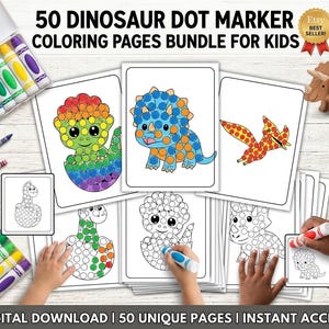 Puede incluir: Un paquete de 50 páginas para colorear con rotuladores de puntos de dinosaurios para niños. Las páginas presentan varias ilustraciones de dinosaurios con rotuladores de puntos. La imagen incluye crayones, un dinosaurio de madera y el texto "50 DINOSAUR DOT MARKER COLORING PAGES BUNDLE FOR KIDS".