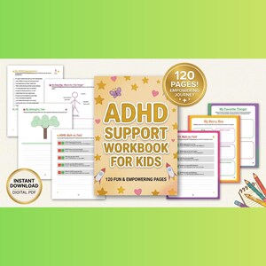 Puede incluir: Un cuaderno de trabajo de apoyo para niños con TDAH, con una portada naranja con estrellas, una mariposa y cohetes. El cuaderno está rodeado de páginas abiertas con ejercicios y el texto "Descarga instantánea PDF digital".