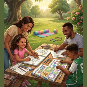 Puede incluir: Una familia dibuja junta en una mesa de picnic en un parque. La mesa tiene blocs de dibujo, lápices y un libro titulado "How to Draw Animals". Una esterilla de yoga, una pelota y una cuerda para saltar están en la hierba. La escena está ambientada al aire libre con árboles y flores.