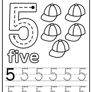 Puede incluir: Hoja de trabajo en blanco y negro para aprender el número 5. Incluye un número 5 grande delineado, la palabra "cinco" y varios números más pequeños para trazar. También presenta imágenes de gorras de béisbol para practicar el conteo.