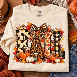 Comfort Colors 1717 Fall Tee, Leopard Bow, Patchwork Autumn Design (100% Cotton)
