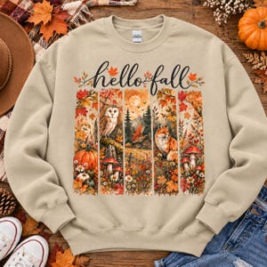 Hello Fall Sweatshirt, Five-Panel Woodland Barn Owl Fox Cabin Print