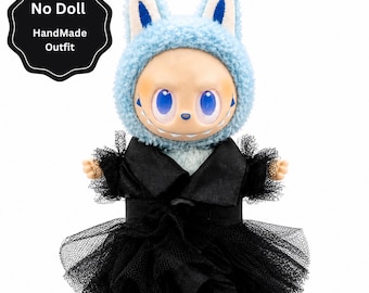 Conjunto gótico hecho a mano para muñeca – Vestido de encaje negro para muñecas de 15 cm y 17 cm – Vestido de fiesta estilo miércoles – Ropa Labubu – Solo el conjunto para la muñeca