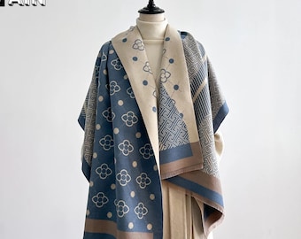 Bufanda de pashmina extragrande con estampado de letras de dos caras: chal de cachemira suave y cálido con flecos, bufanda de invierno para mujer, larga y acogedora.