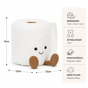 May include: A plush white toilet paper roll with a smiling face and corduroy feet. Dimensions are 15cm x 12cm x 12cm. Sitting height is 12cm. Made of polyester and cotton with polyester fiber filling.