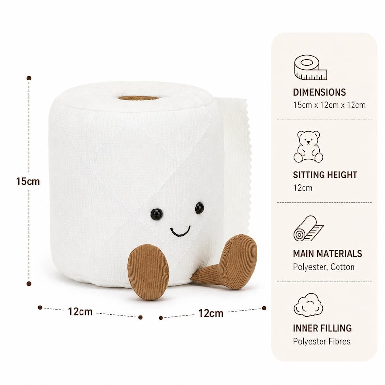 May include: A plush white toilet paper roll with a smiling face and corduroy feet. Dimensions are 15cm x 12cm x 12cm. Sitting height is 12cm. Made of polyester and cotton with polyester fiber filling.