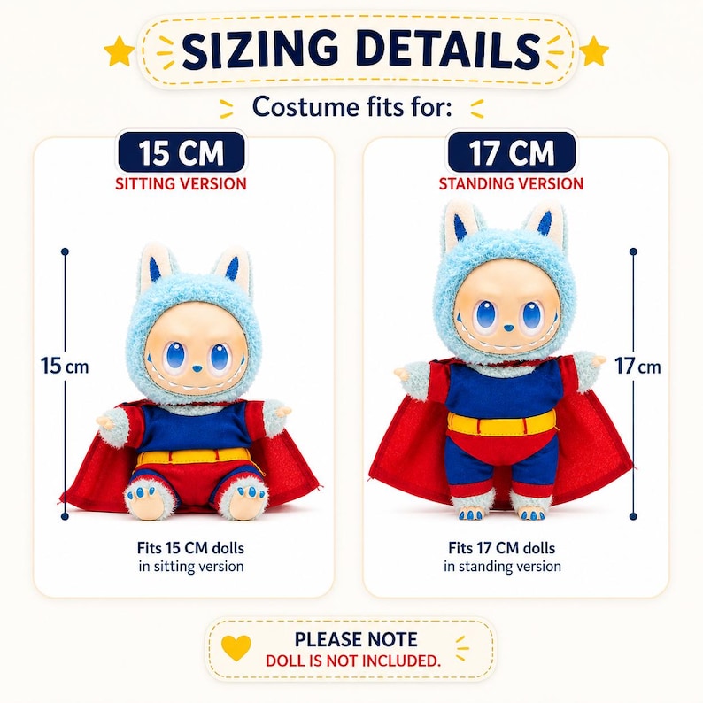 Puede incluir: Imagen que muestra dos disfraces de mu&ntilde;ecas. Uno es para una mu&ntilde;eca de 15 cm en posici&oacute;n sentada, y el otro es para una mu&ntilde;eca de 17 cm en posici&oacute;n de pie. Los disfraces son rojos, azules y amarillos, con una capucha azul con orejas de conejo. El texto dice "DETALLES DE TALLAS".