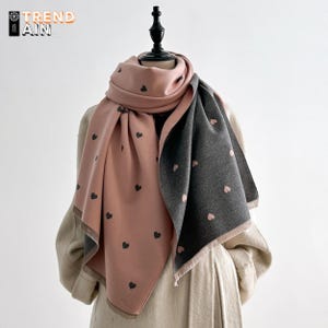 Two Sided Heart Pattern Winter Scarf -  Imitation Cashmere Winter Shawl for Women, Warm Long Pashmina, Poncho Style Bufanda Echarpe Femme