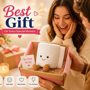 May include: A gift box with a plush toilet paper roll with a smiling face and small brown feet. The box is being presented to a woman. The text "Best Gift" and "For Every Special Moment" is displayed above the box.