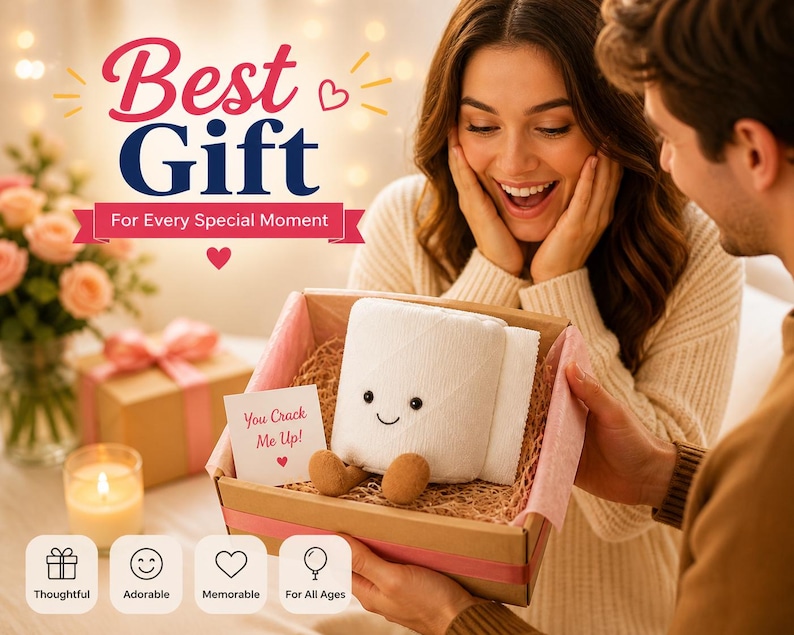 May include: A gift box with a plush toilet paper roll with a smiling face and small brown feet. The box is being presented to a woman. The text "Best Gift" and "For Every Special Moment" is displayed above the box.