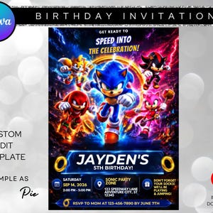 May include: A digital birthday invitation template featuring Sonic the Hedgehog, Tails, Knuckles, Shadow, and Amy Rose against a dark, energetic background. The text reads "Get Ready To Speed Into The Celebration!", "Jayden's 5th Birthday!", and includes event details.