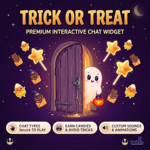 Widget de chat Twitch « Farce ou Friandise », superposition de stream Halloween, jeu interactif !knock, source navigateur OBS, récompenses de bonbons et classement