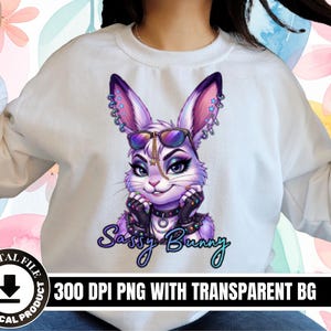 May include: White sweatshirt with a purple bunny wearing sunglasses and a choker. The bunny has detailed makeup and the words "Sassy Bunny" are written below. The image also includes the text "300 DPI PNG WITH TRANSPARENT BG".