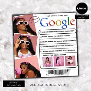 May include: A digital flyer template featuring a Google search bar design with the text YOUR SCHOOL NAME HERE, VOTE FOR ME, and various search queries for Noura Jenner. It includes three photos of a person wearing white sunglasses and hair accessories.