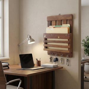 May include: A wooden wall-mounted organiser with a key rack and file holder. The organiser is made of dark brown wood and has several slots for files and a row of hooks for keys. The desk has a laptop, lamp, and office supplies.