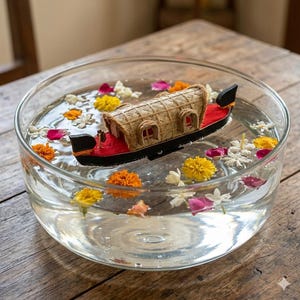 May include: A glass bowl filled with water, a miniature boat, and colourful flowers. The boat has a red base, a woven roof, and black accents. Yellow, orange, pink, and white flowers float in the water, creating a vibrant and serene scene.