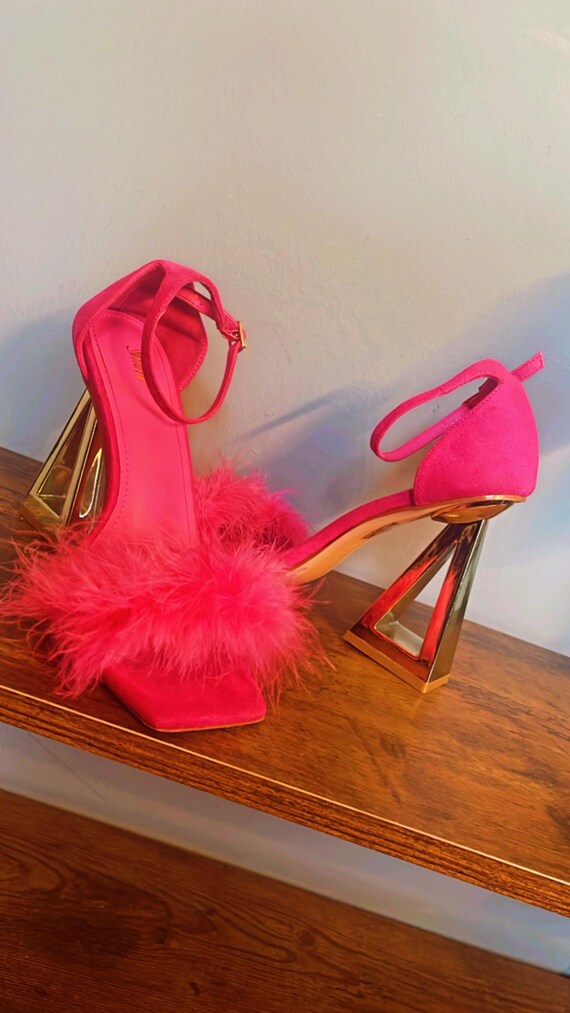 Fuchsia Open Toe Sandals with Feathers and Gold S… - image 1