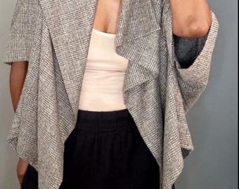 Jacket Society Glen Plaid Cape Jacket Tweed Texture Draped Open Front Size M