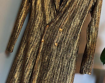Vintage Black & Gold Metallic Double Breasted Blazer Dress | Size M
