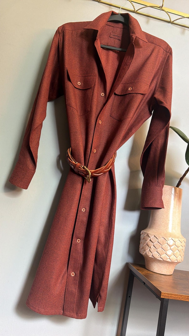 Vintage Burgundy Wool Shirt Dress | Oversized Midi | Minimalist | M/L image 1