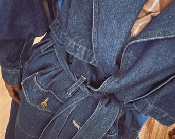 Vintage Sculpted Denim Maxi Trench Coat | Belted | Made in USA | 16