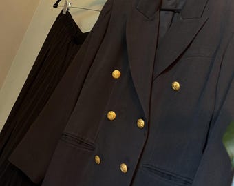 Vintage Black Blazer Gold Crest Buttons Double Breasted Petite 10