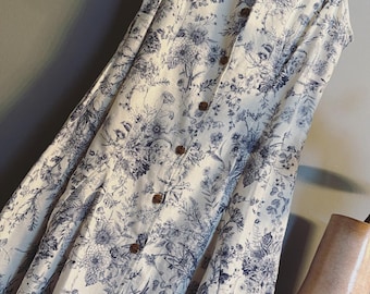Blue Toile Botanical Print Button Front Midi Dress Large Cottagecore
