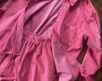 Vintage roze corduroy tweedelige set | Haband | Retro casual outfit (M)