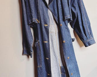 Vintage gebeeldhouwde denim maxi-trenchcoat | Met ceintuur | Gemaakt in de VS | 16