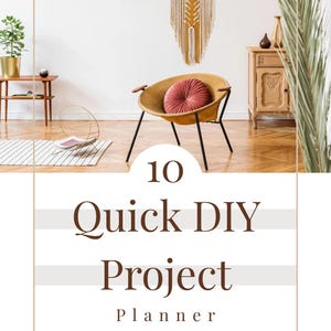 May include: Interior design scene with a mustard yellow chair, a round pink pillow, and a woven wall hanging. The image includes a small wooden table, a plant, and the text "10 Quick DIY Project Planner."