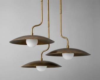 Mid Century Modern Brass Chandelier with 3 Milk Glass Globes | Minimal Vintage Pendant Light